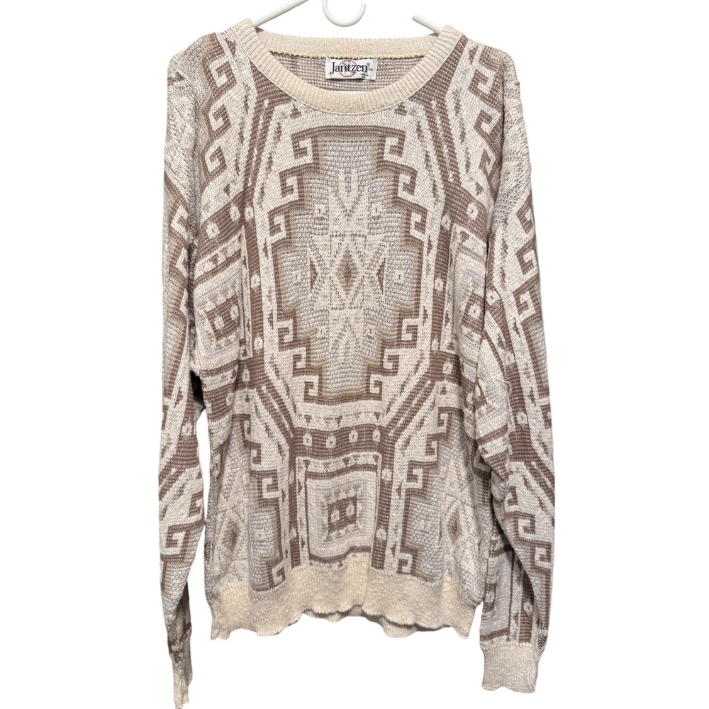 Vintage Jantzen Mens XL Geometric Aztec Knit Sweater Cream Brown Made in USA